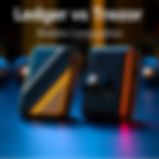 A side-by-side comparison of Ledger and Trezor hardware wallets showcasing their sleek designs and features for security.