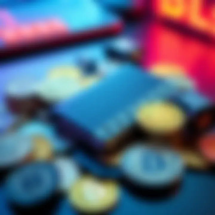 A Ledger wallet surrounded by various cryptocurrency coins on a table