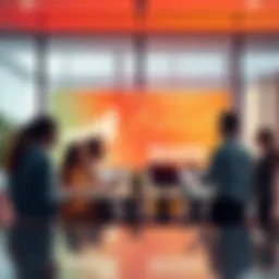 A group of diverse people discussing the impact of Leemon in a modern office setting, with charts and graphs on a screen showing market trends.