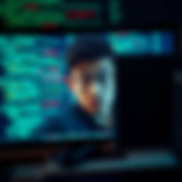 A person behind a computer screen, looking concerned, with digital code in the background, representing the theft of a Coldcard wallet and legal implications.
