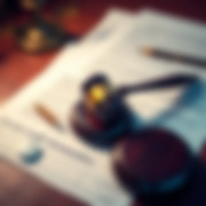 A close-up of a gavel resting on scattered legal documents, symbolizing law and ethics.