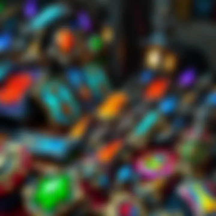A colorful display of various Legendary upgrades being offered for trade in a market setting
