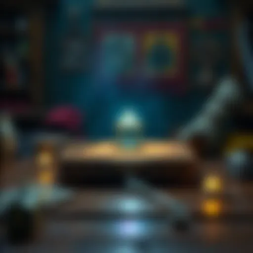 A legendary item glowing on a wooden table, surrounded by other ordinary items, illustrating the choice between keeping or sacrificing it.