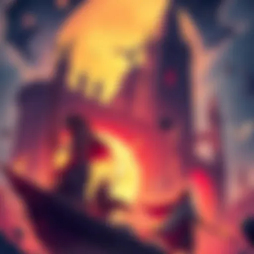 A vibrant scene depicting key elements of a legendary plot in storytelling, showing characters and dramatic moments