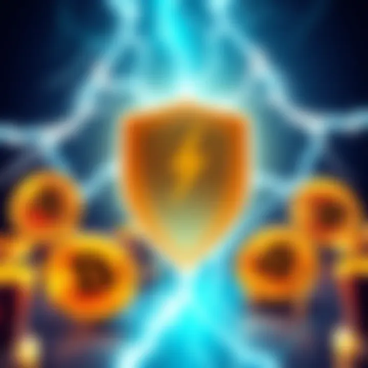 Illustration of the Lightning Network securing Bitcoin transactions, showing a shield around Bitcoin symbols with lightning bolts connecting transaction channels.