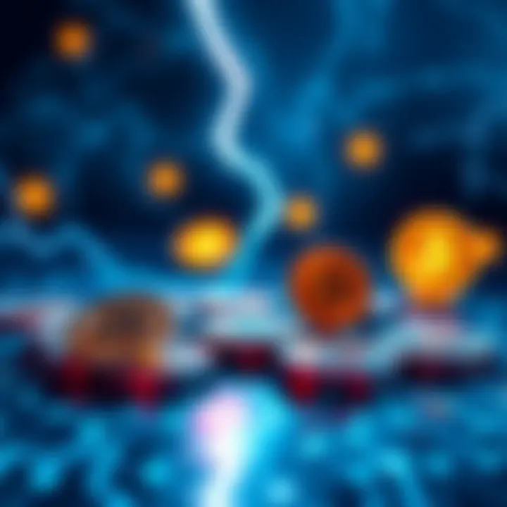 A visual representation of the Lightning Network with Bitcoin symbols and fast payment arrows.