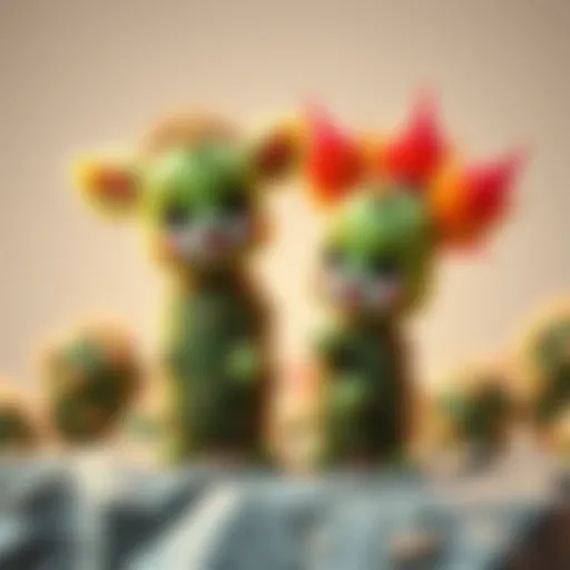 Two playful lil cactus-lings inspired by cacti and small porcupines, showcasing their cute features and playful poses.