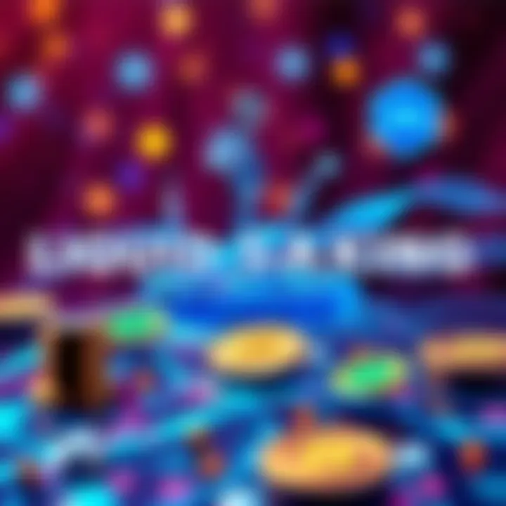 A colorful graphic showing liquid staking in cryptocurrency, featuring icons of coins and DeFi elements, with xAlgo branding