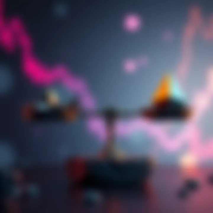 Concept image showing a scale balancing high volatility and low yields in liquid staking, with stable assets on one side and ETH on the other.