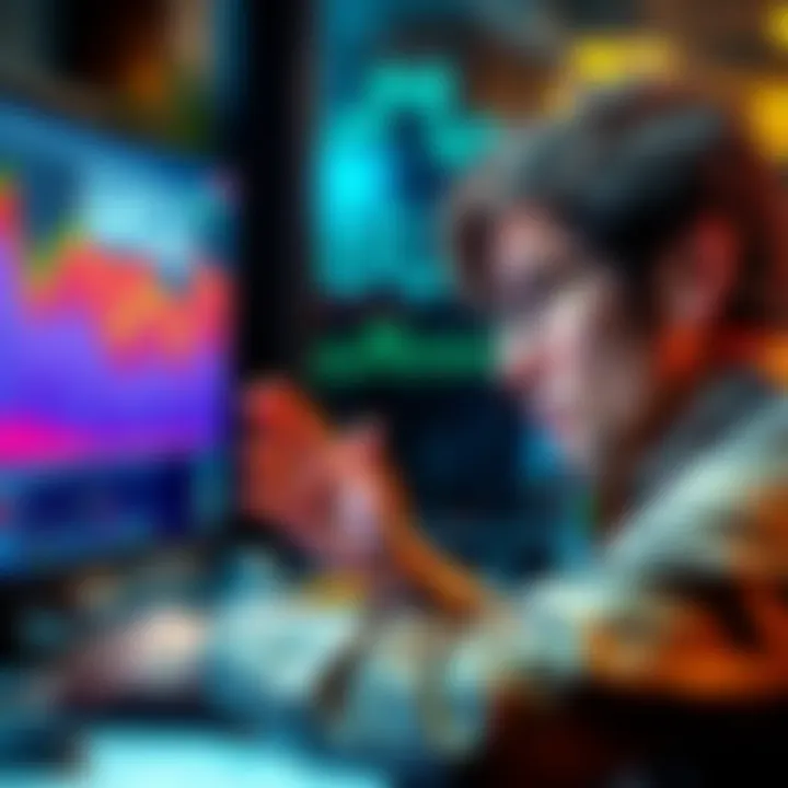 A worried investor looking at fluctuating charts on a screen, representing the volatility in liquid staking yields.