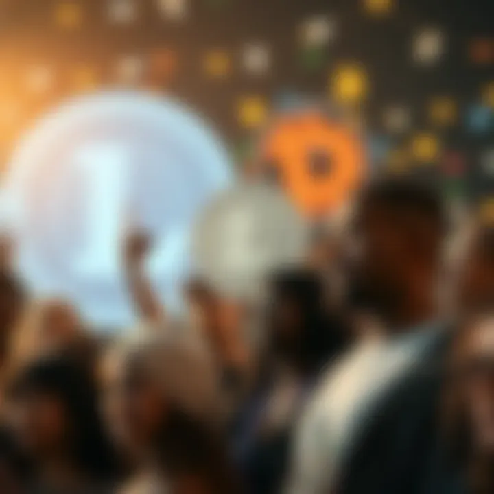 A group of diverse people gathered, showing support for Litecoin, with digital currency symbols in the background