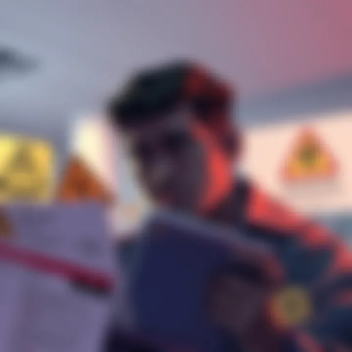 A person looking concerned while reviewing financial information related to Litecoin scam, with warning signs illustrated in the background