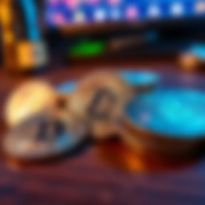 A close-up view of several Litecoin coins placed on a wooden table, representing cryptocurrency investments.