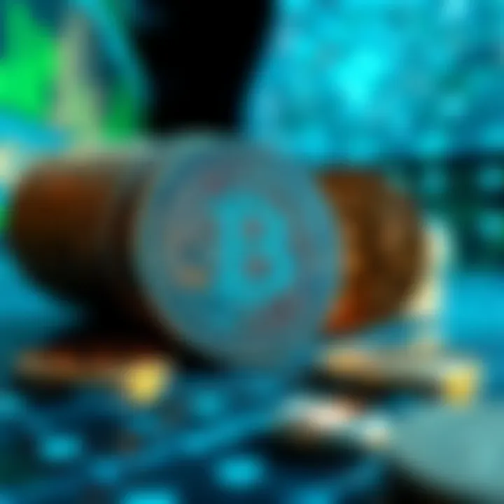 A digital representation of Bitcoin coins with a quantum computer in the background, illustrating potential security threats to cryptocurrency.