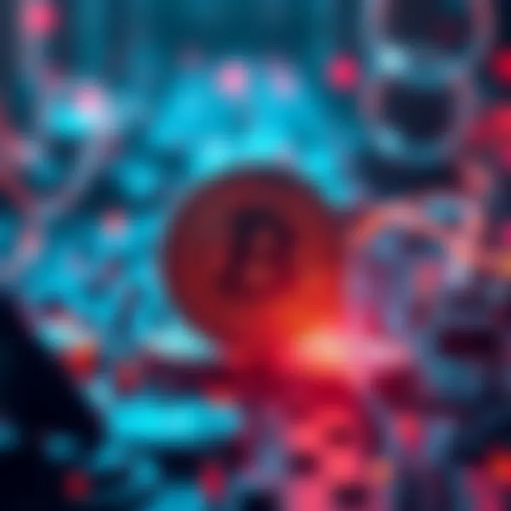 A visual representation of hackers attacking the Litecoin network, showing digital symbols of Litecoin and a looming threat over it.