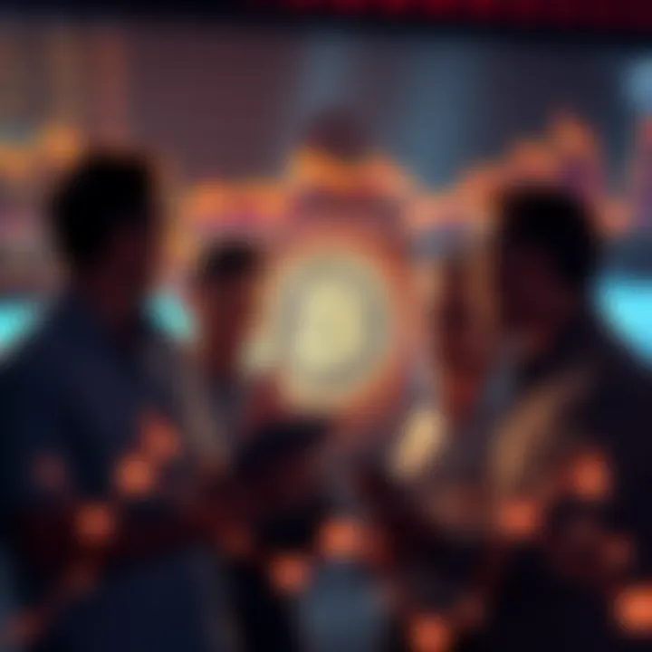 A group of people discussing Litecoin investments with charts and graphs about market trends in the background