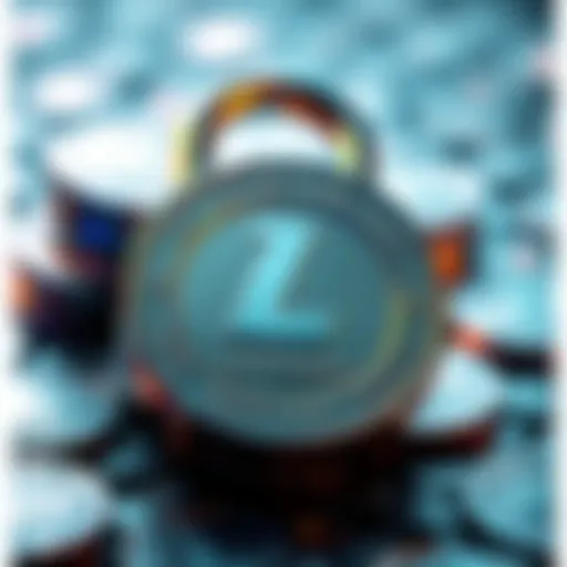 Visual representation of Litecoin coins being secured, showing a lock symbol and a growing supply graph.