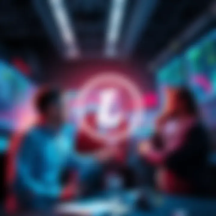 Traders discussing Litecoin markets with charts and graphs in the background