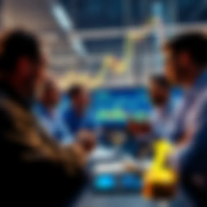 A group of people discussing trading ideas and strategies related to Litecoin markets, with charts and graphs visible.