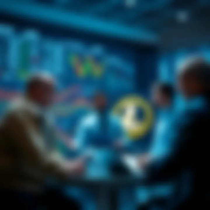 Litecoin Trading Discussion Group of traders discussing Litecoin strategies with charts and graphs visible