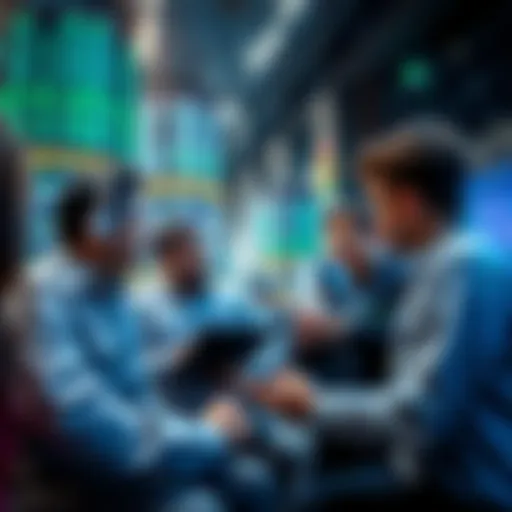 Group of traders discussing Litecoin market strategies and insights