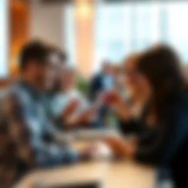 A group of people engaging in a lively discussion about the benefits of live feeds in an online forum setting, with laptops and phones in hand.