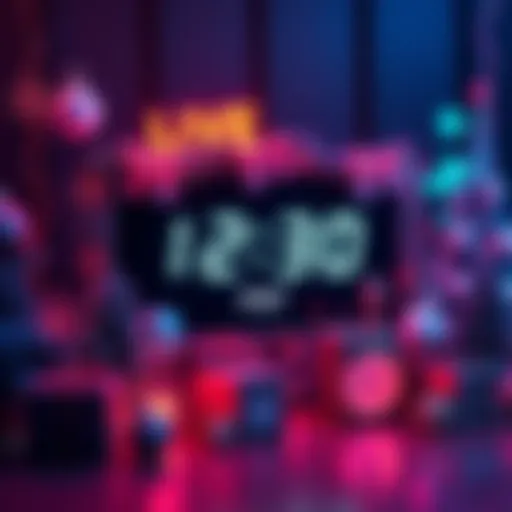 A digital clock showing 12:30 PM PST with festive decorations and icons representing updates and shipments.
