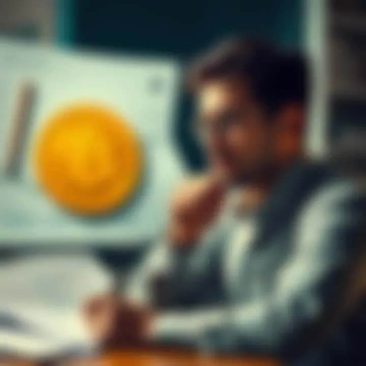 Loan and Bitcoin Investment A person contemplating taking out a loan to invest in Bitcoin, surrounded by financial documents and a Bitcoin symbol.