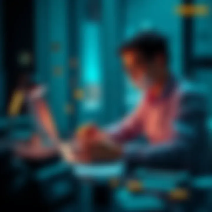 A person reviewing loan documents and calculating interest payments with a laptop and calculator, surrounded by currency symbols.