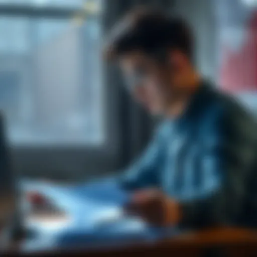 A person looks at financial documents while thinking about taking a loan to invest in Ethereum, with a laptop and charts in the background