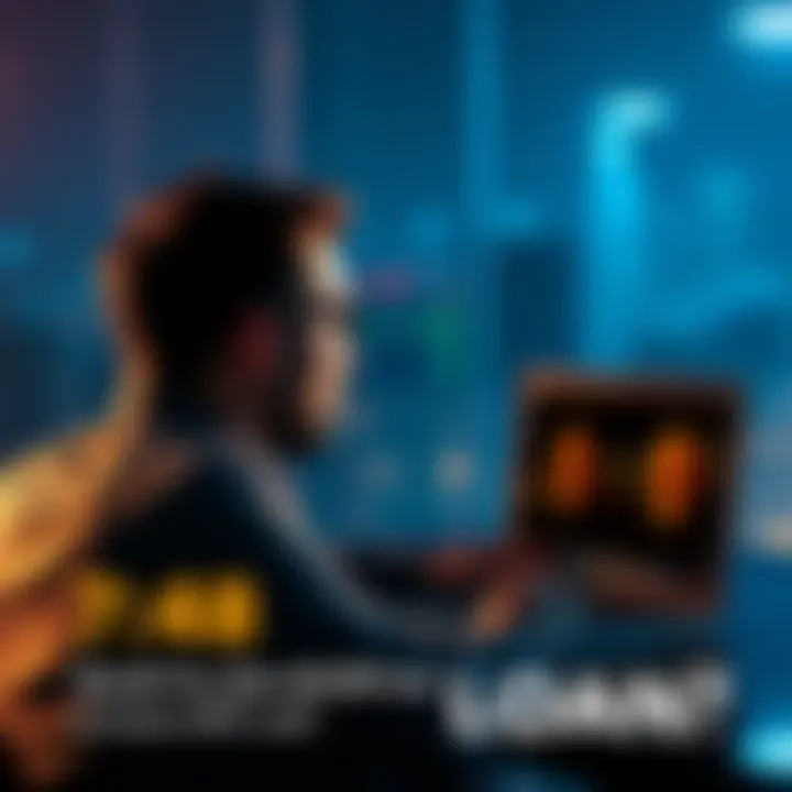 Individual looking at a laptop with Bitcoin and Ethereum graphics on screen, pondering a loan for investment