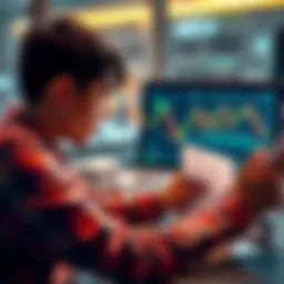A young person looking at financial documents and a laptop with cryptocurrency graphs on the screen, contemplating a loan for investment in HBAR.