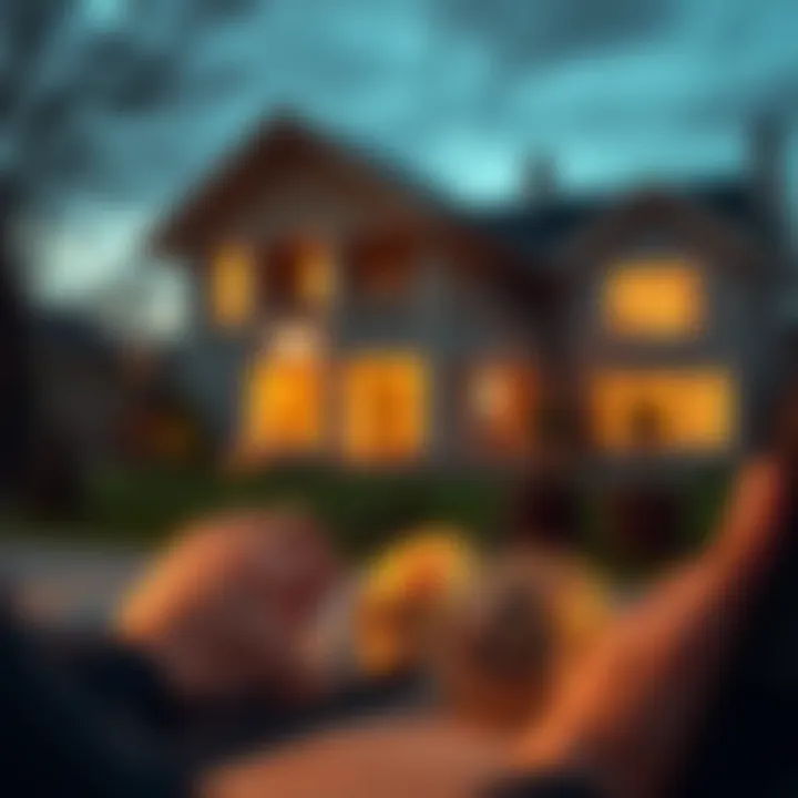 A person reviewing loan options on a laptop with Bitcoin symbols and a house in the background.