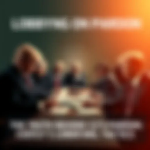 A group of people in suits discussing around a table with papers and money, symbolizing lobbying efforts for a pardon