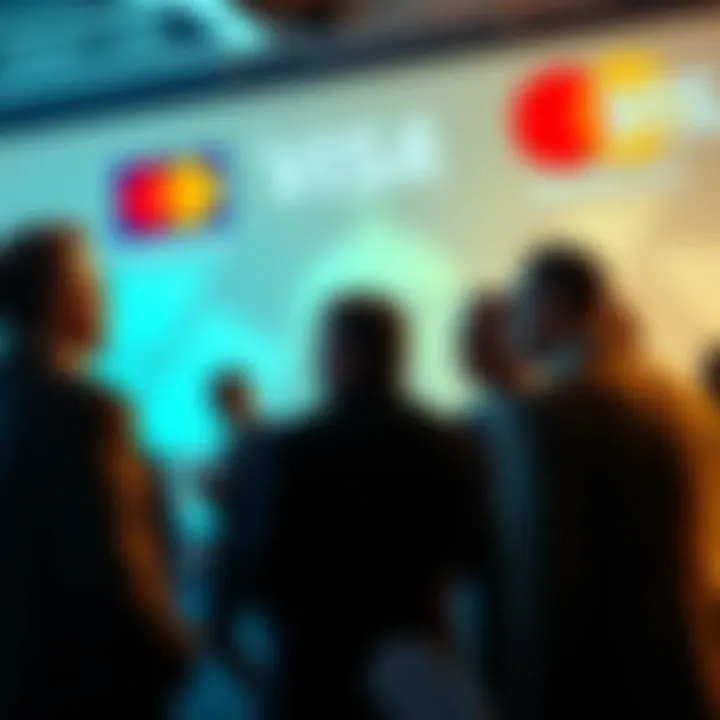 A group of lobbyists discussing strategies against cryptocurrency regulation, with logos of Visa and Mastercard visible in the background.