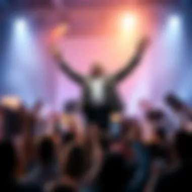 A local leader stands on stage with arms raised in triumph, surrounded by cheering supporters holding signs of celebration.