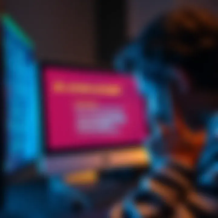 A frustrated person looking at a computer screen displaying a warning about a locked account and withdrawal issues with Bitcoin.