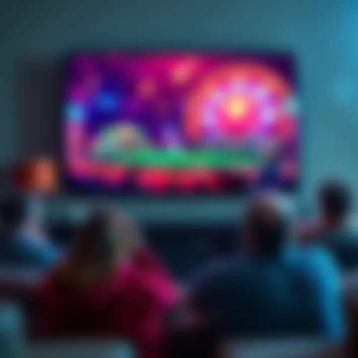 A television screen displaying a looping casino advertisement with vibrant graphics and flashing lights, surrounded by frustrated viewers at home.