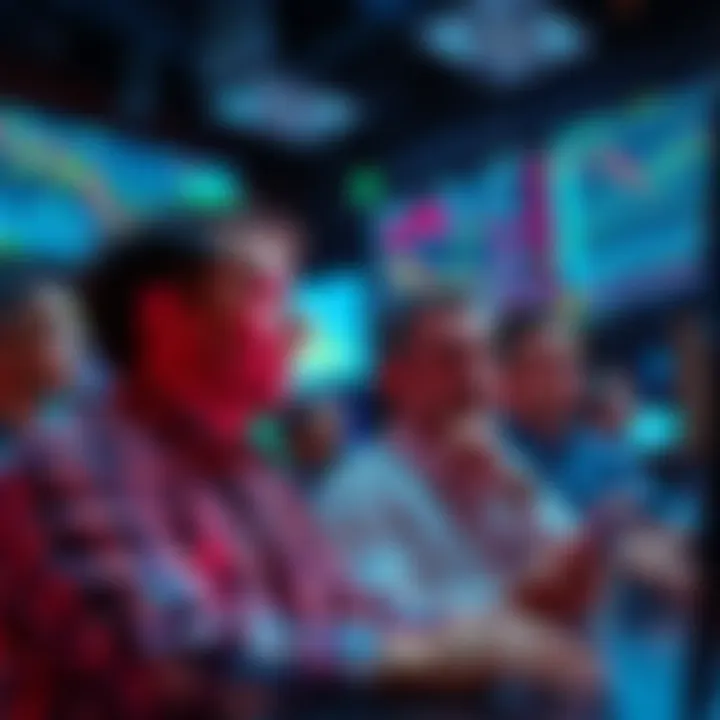 Group of long-term investors observing market dips on digital screens, showing signs of indifference