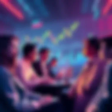 Losses in Solana Trading A group of people sharing their experiences of losses in Solana trading on memecoin platforms, with charts and graphs in the background showing market trends.