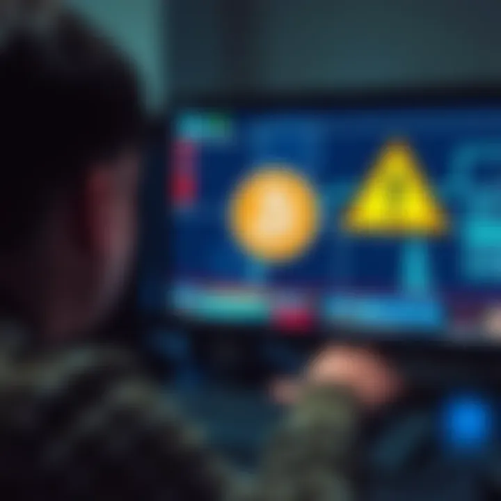 Lost Bitcoin A person looks concerned while viewing a computer screen with a Bitcoin logo and a warning sign, symbolizing a Trojan attack.