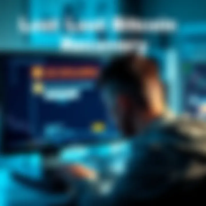 A person looking at a computer screen showing a cryptocurrency wallet with a warning about sending Bitcoin to the wrong address. The person has a concerned expression, symbolizing the challenge of recovering lost coins.