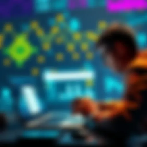 A worried crypto investor looking at a laptop showing missing funds on the Exodus platform, with graphics of digital currency in the background.
