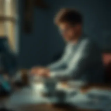 A person sitting at a desk looking at an old laptop, surrounded by empty coffee cups and papers, with a thoughtful expression, symbolizing lost connections and hope in cryptocurrency.