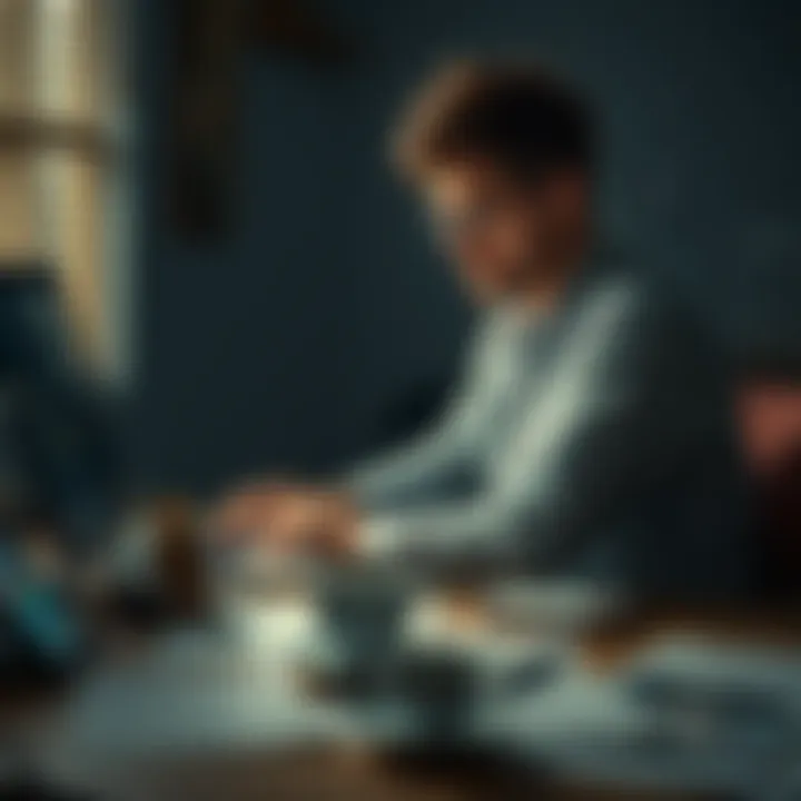 A person sitting at a desk looking at an old laptop, surrounded by empty coffee cups and papers, with a thoughtful expression, symbolizing lost connections and hope in cryptocurrency.