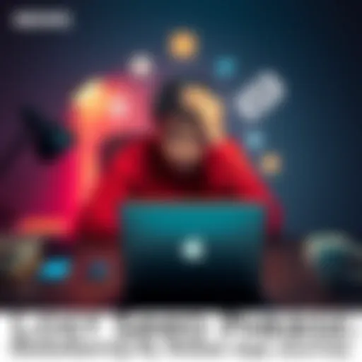 A person sits at a desk, looking frustrated while searching for the wallet app on a laptop. Various app icons are scattered around them, symbolizing confusion.