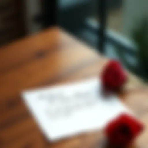 A handwritten love letter on a wooden table with a red rose beside it