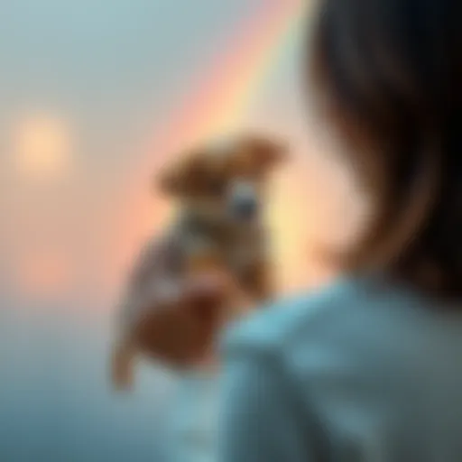 A loving farewell to a pet A person gently holding a small dog with a rainbow in the background, symbolizing a loving goodbye.
