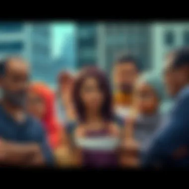 Group of diverse people looking worried while discussing finances in a city setting