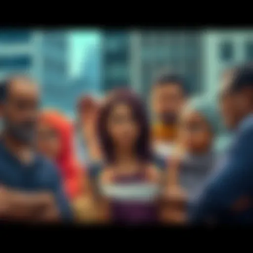 Group of diverse people looking worried while discussing finances in a city setting